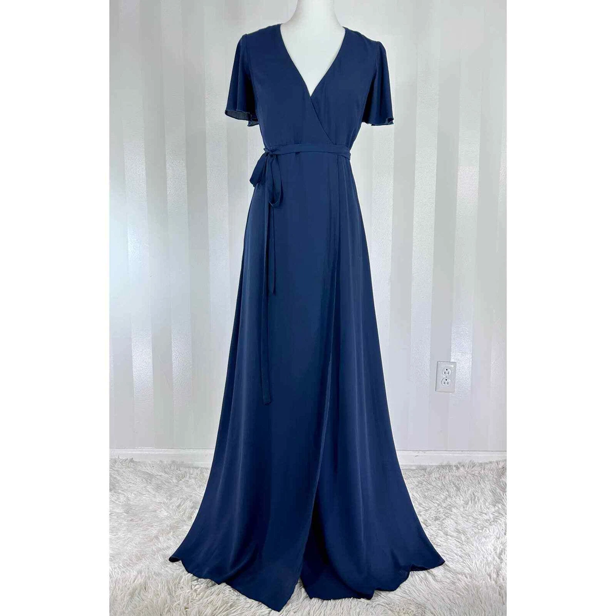 SHOW ME YOUR MUMU Noelle Navy Blue Wrap Style Sheer Maxi Dress Sz