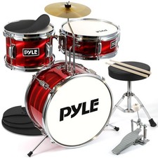 Pyle 13" Kids Red Drum Set w/ Throne, Cymbal, Pedal, Bass Drum, Tom, Drumsticks