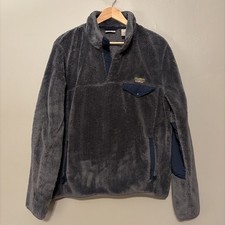 LL Bean Sweater Mens Large Gray Blue Sherpa Fleece T Snap Pullover Hi Pile Navy