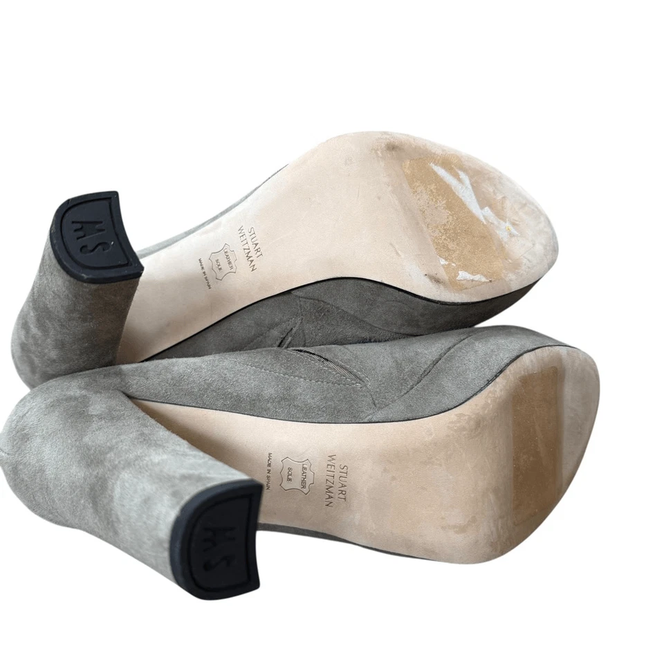 Stuart Weitzman grey suede peep-toe platform booties chunky block heel size 10 - Image 4 of 4