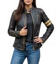 Retro Cafe Racer Leather Jacket Women Black D...