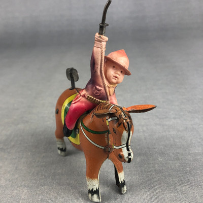 Vintage ALPS Japan Wind-up Toy Celluloid Cowboy on Tin Horse-Donkey 40s Works