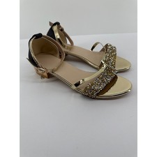 Sparkling Gold Womens Sandals Embellished with Gems and Buckle Ankle Strap