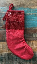 NWT WONDERSHOP Red Velvet Christmas Stocking with Tinsel Fringe 100 Polyester
