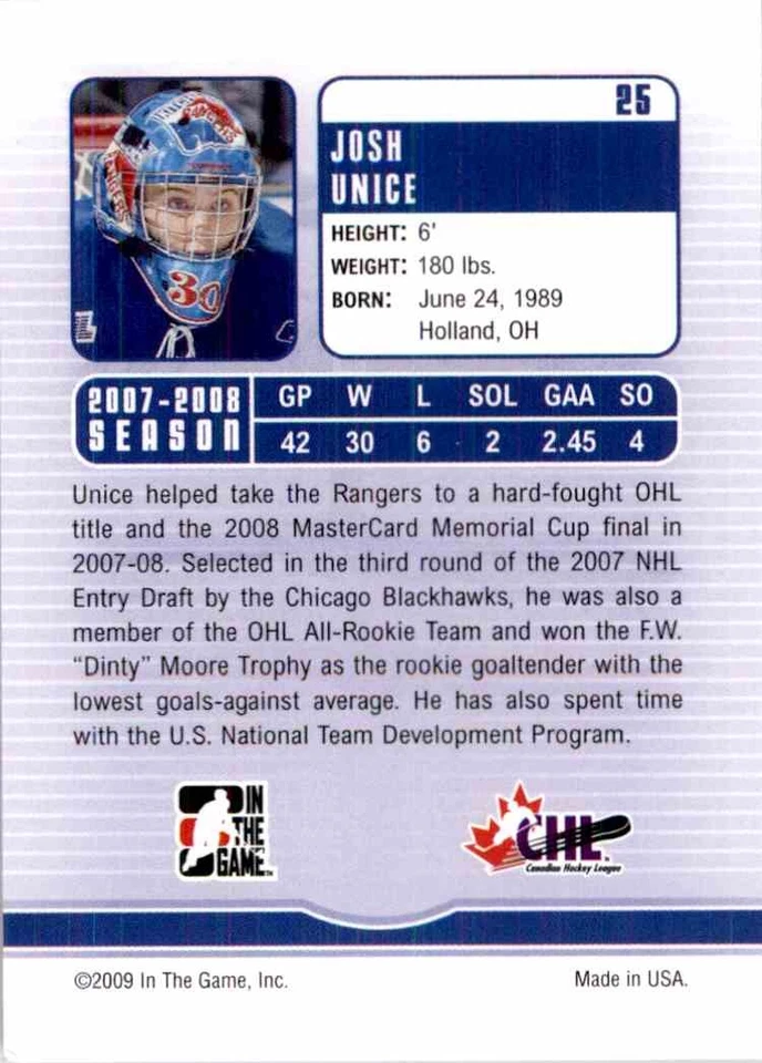 2008-09 In The Game Between The Pipes Josh Unice #25 - Image 2 of 2