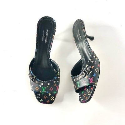 LOUIS VUITTON マルチカラーミュール37 Louis Vuitton x Murakami Logo Multicolored Slip On Kitten Heel