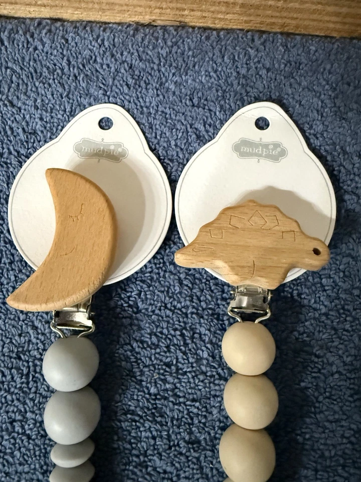 X 2 New Mudpie Silicone Pacifier Clip Wooden Dino And Moon Pacy Cream & Blue - Image 2 of 4