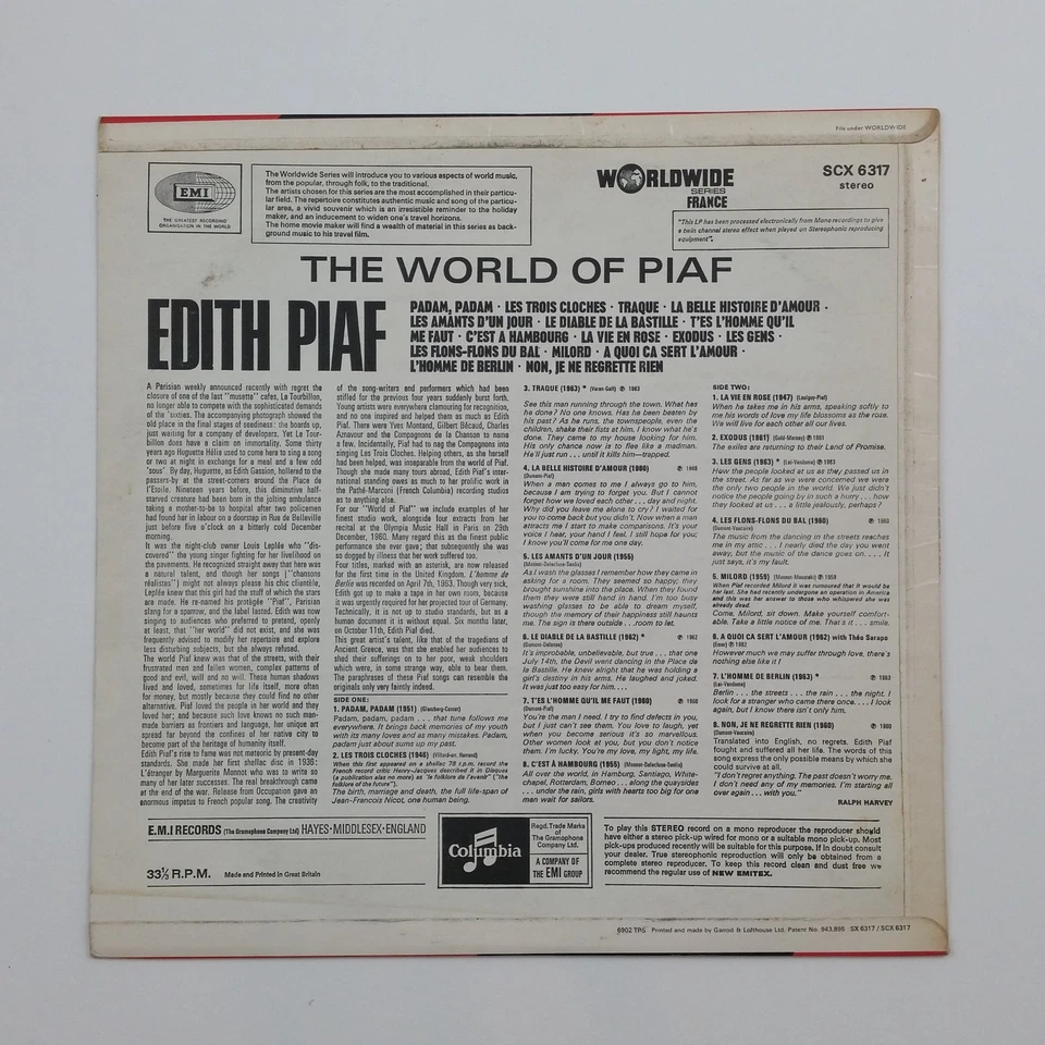 EDITH PIAF The World Of Piaf SCX6317 BIEM LP Vinyl VG+near++ Cover VG+ Co Slv Foto 2 de 3