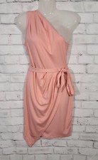 Pink Belted Stretchy One Shoulder Wrap Dress, Small