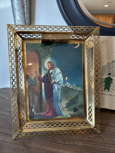 Vintage Metallrahmen beleuchtete Lithographie JESUS CHRISTUS KLOPFT AN TÜR Bild 21x17