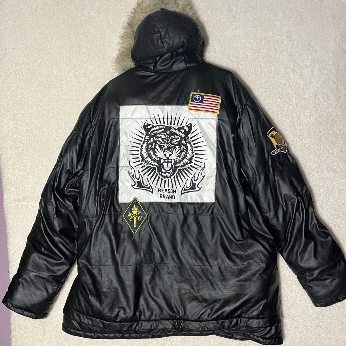 REASON CLOTHING ライダースジャケット　XXL REASON Jacket Mens XXL Black Orange Fur Puffer Zip Up Winter