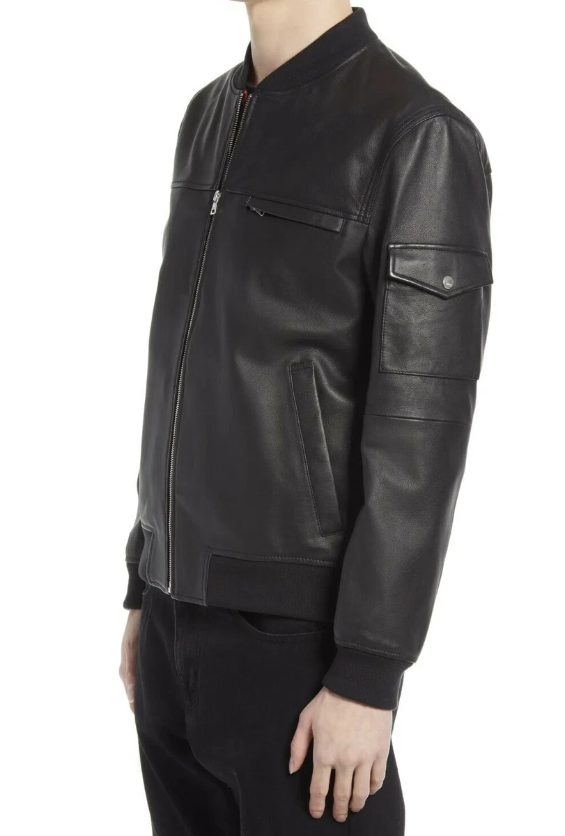 Hugo boss mens leather cheap bomber jacket