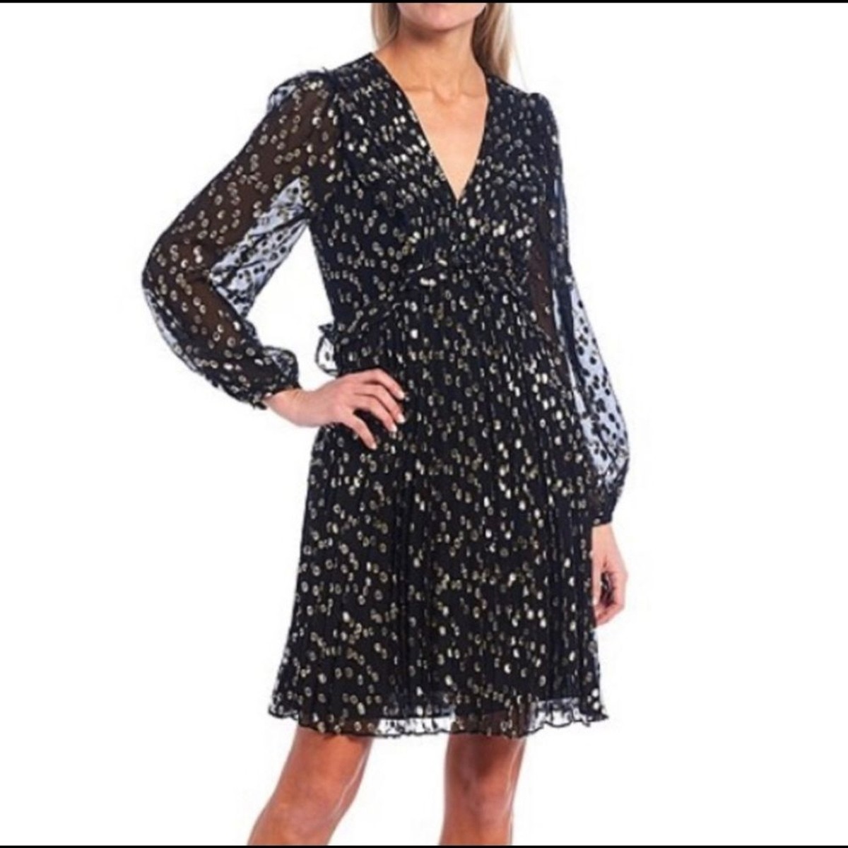 NWT a loves a Silk Metallic Gold/Black Long Sleeve Babydoll Layered Dress  Small | eBay