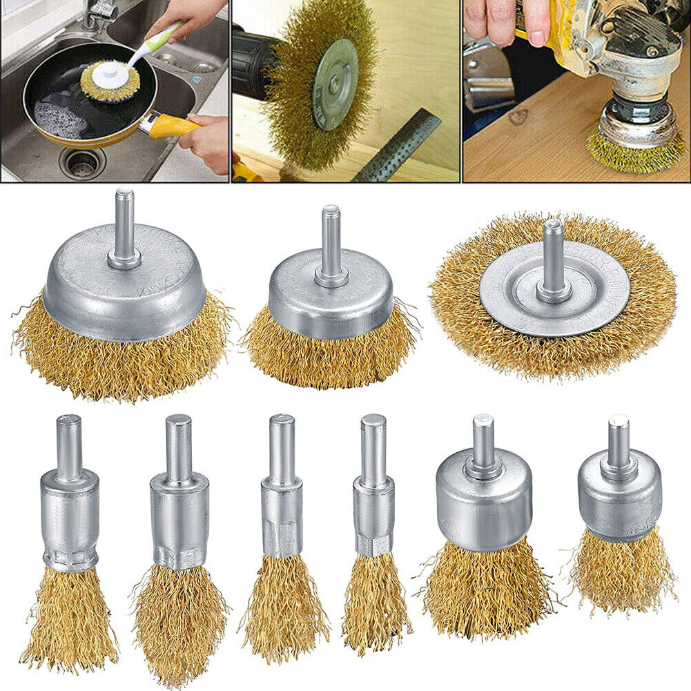 9 Pieces Brass Coated Wire Cleaning Wheel Cup Brush Drill Attachment