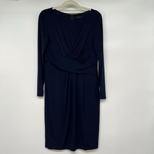 David Meister Draped Long Sleeve Shift Dress Sz 12 Navy Blue Boat Neck Stretch