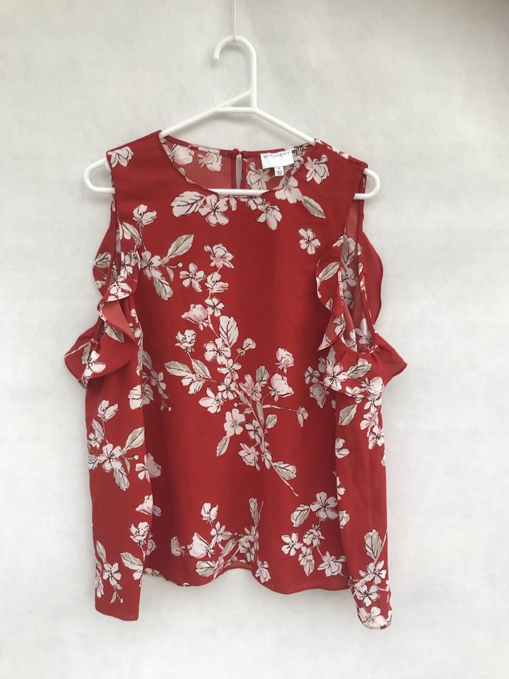 /🍃 WITCHERY ORANGE RED FLORAL cold Shoulder Shirt Blouse Tee 12 M