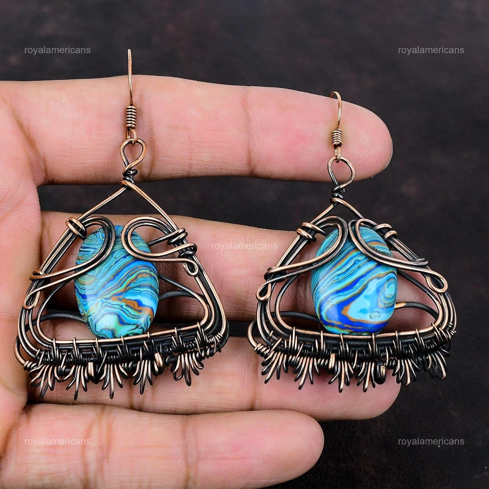 Pendientes colgantes de hija Art Deco de cobre con piedras preciosas de calílice arco iris joyería Foto 4 de 4