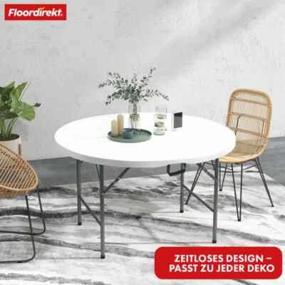 FLOORDIREKT Klapptisch Runder weißer Gartentisch | Faltbar mit Tragegriff | 120 cm | Shiga