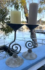 Rustic iron metal brutalist candlesticks candle holders handmade Mexico pair 2