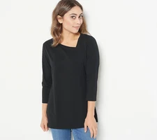 New Attitudes by Renee sz L Washed Cotton Asymmetric Neck Top Black QVC 5695-Q