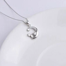 14k White Gold Plated 1 Ct Round Cut Simulated Moon Star Pendant For Women's
