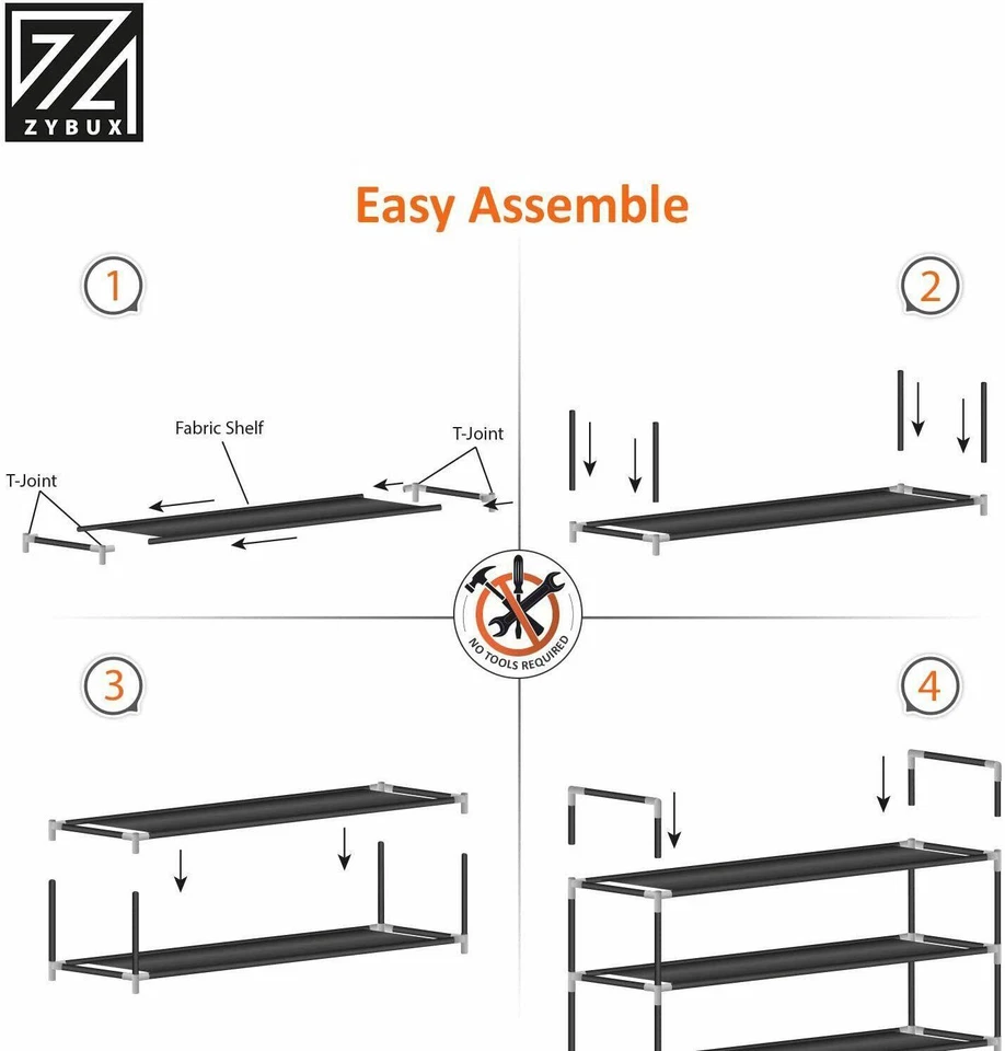 3 Tier Long Fabric Organiser Shoe Shelf Rack, Stand Storage, Space Saving, Black - Image 2 of 4