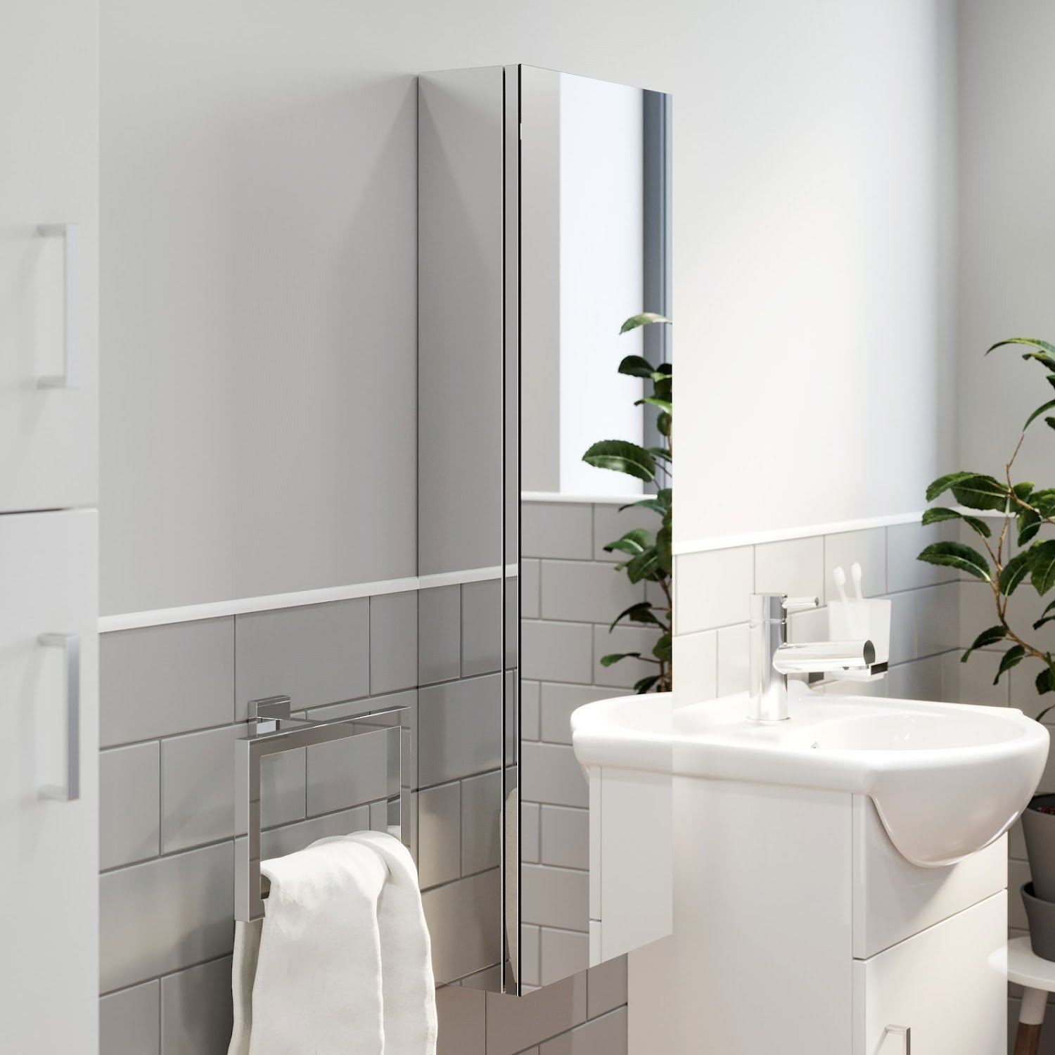 Tall Bathroom Mirror Cabinet Single Door Cupboard Stainless Steel Wall Mounted