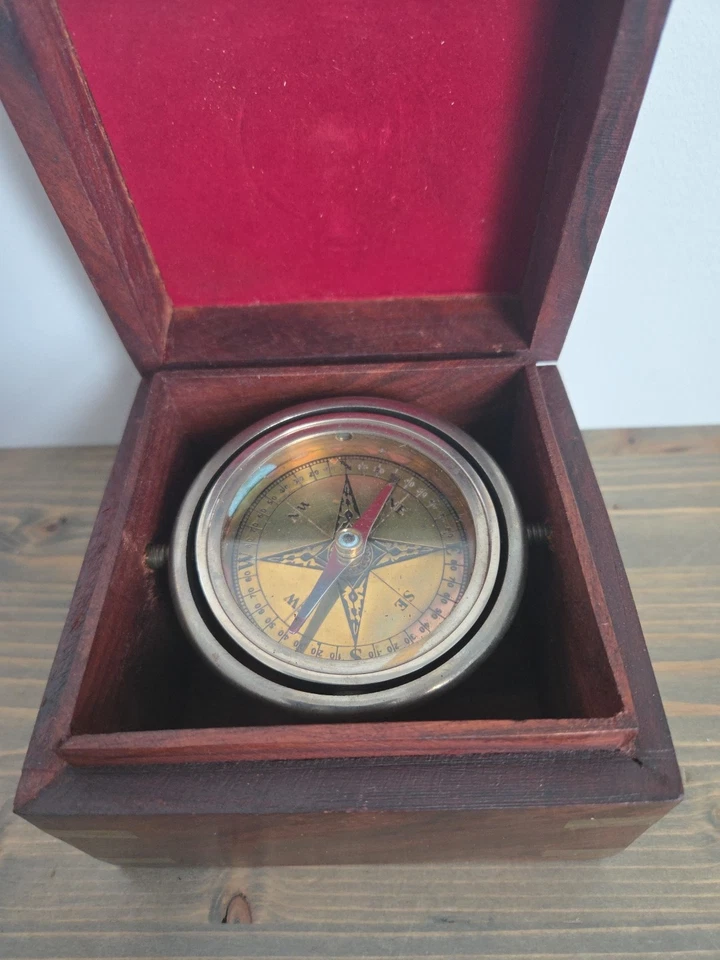 Brújula direccional cardán náutico de colección marina marítima en caja de madera de caoba Foto 2 de 4