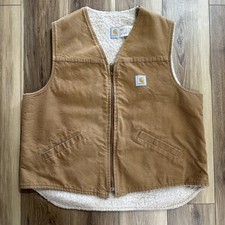 Vintage 90s Made in USA Carhartt V03BRN Duck Canvas Sherpa Lined Vest, 2XL Tall