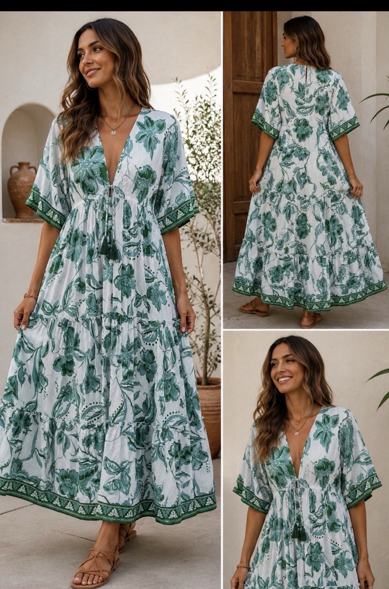 boho dress fabric Haute Hippie Style Green Floral Maxi Tiered Tassel Tie XL R26 Nov RTW date nights Large Navy Foiled Floral Floral Size:size 2 no train
