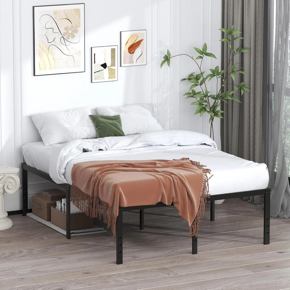 Каркас двуспальной кровати 20 дюймов без пружинного ящика прочный металлический высокая кровать-платформа - Изображение 2 из 4