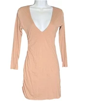Lovers & Friends Dress Sz Small Mini Plunge VNeck Long Sleeve Ruched Side Lined