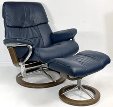 Ekornes Stressless Large "RUBY" Blue Leather Signature Swivel Recliner Ottoman