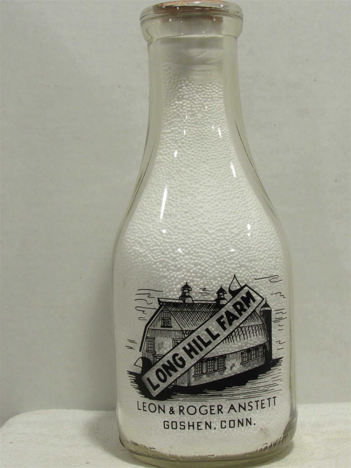 TRPQ Milk Bottle Long Hill Farm Dairy Leon Roger Anstett Goshen CT
