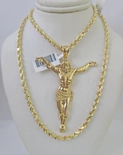 10k Solid Rope Chain Jesus Full Body Charm Set 4mm 20"-28" Necklace Gold Yellow