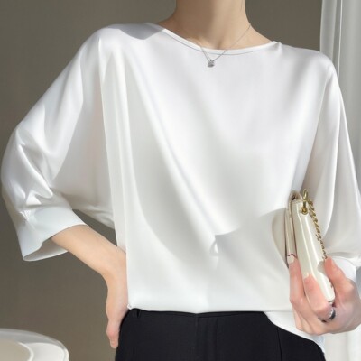 Women Glossy Satin 3/4 Sleeve Tops Round Neck Pullover Soft Casual Shirts Blouse