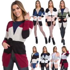 Womens Tied Striped Long Sleeve Sweater Casual Trendy Pockets Jumper Wa301