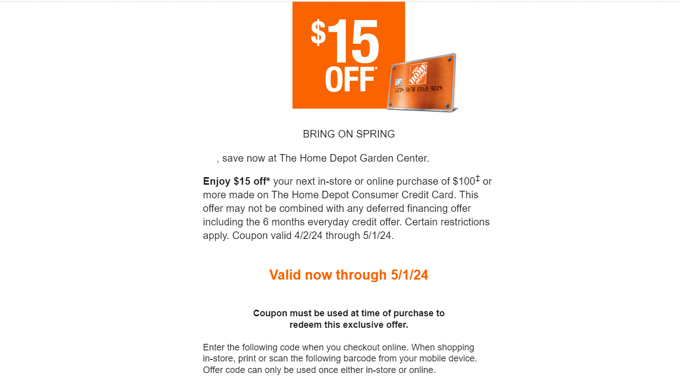 Home Depot Garden Center Coupon 15 off 100 Online Valid through 5/1