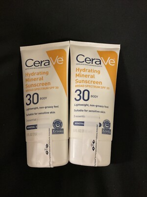 Cera Ve SPF 3O Hydrating Mineral Body Sunscreen Bonus Lot Of 2 /5 oz. Tubes