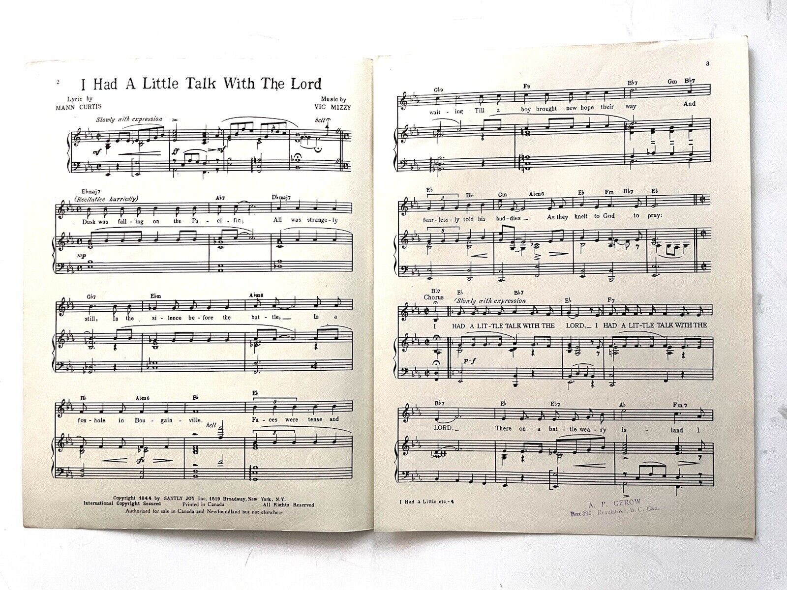 WW1 Canadian Sheet Music “I Had A Little Talk With The Lord”