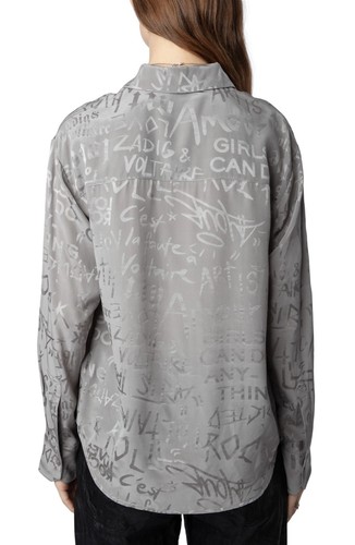 Zadig & Voltaire M/L Morning Jacquard Manifesto Blouse Grey Silk Logo Top $548 - Picture 3 of 10