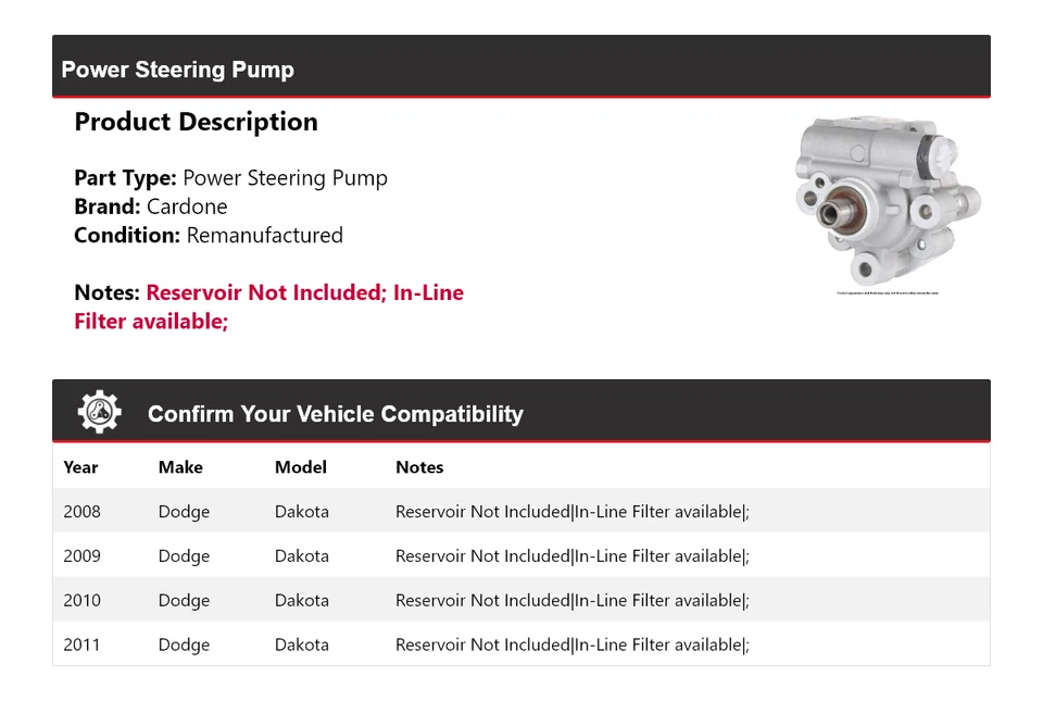 Bomba de dirección asistida Cardone 2009 2010 para Dodge Dakota 2008-2011 Foto 2 de 4