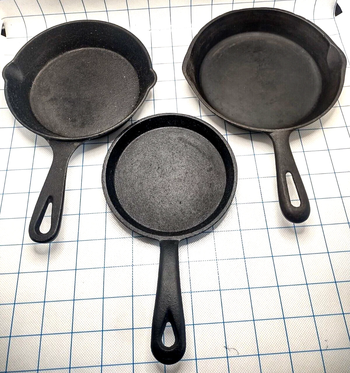 3 Small Cast Iron Fry Frying Pans Skillets 5", 6", 6.5" Burger Egg Pancake