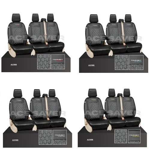 FORD TRANSIT CUSTOM TAILORED QUILTED SEAT COVERS HEAVY DUTY BLACK 2013-2023 LOGO