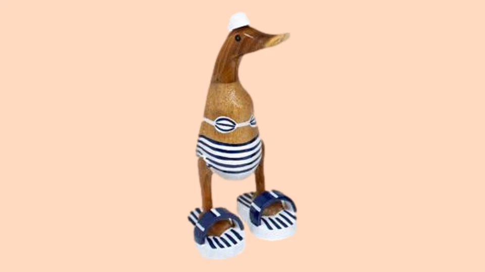 Holz Laufente Holzente mit Cap und Flip-Flop 25 cm Holz Ente Badefreunde - Bild 1 von 1