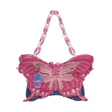 Womens Elegant Shoulder Bag with Acrylic Chain Butterfly Denims Handbag Purse