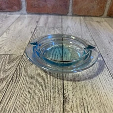 Vintage Aqua Blue Glass Round Ashtray MCM 3.5" Mid Century 2 Slot Cigarette