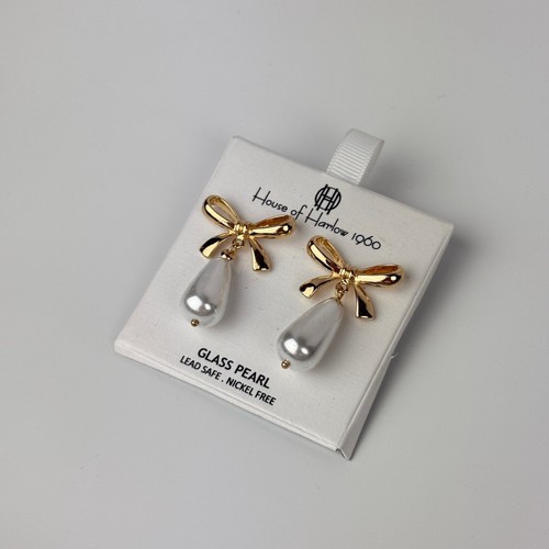 House Of Harlow 1960 Gold Tone Bow & Glass White Pearl Drop Earrings New on Card - Picture 2 of 4