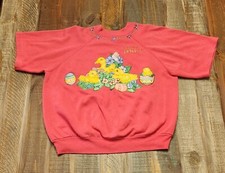 Vintage Easter Themed Womens Sweatshirt Med Short Sleeve Eggs Duck Cute Glitter