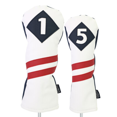 Majek Golf 1 & 5 Driver & Wood Headcover White Blue w/ Red Stripe Leather Style